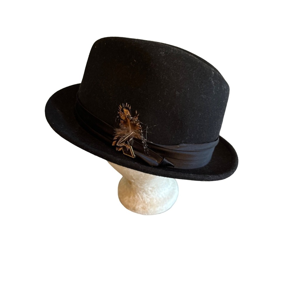 Stacey Adams Black Felt Fedora Satin Band‎ Feather Detail